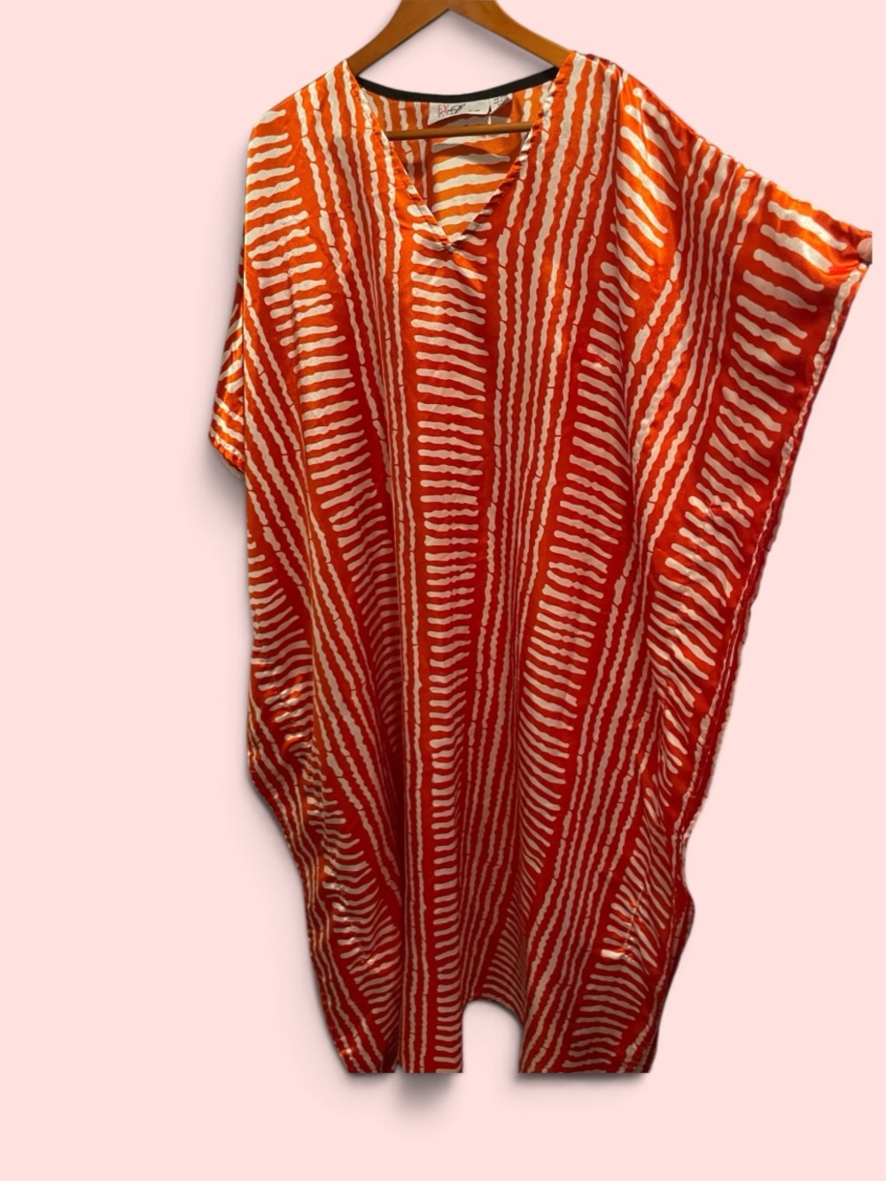 Cute silky orange white contrast tropical stripe kaftan beach pool lounge dress